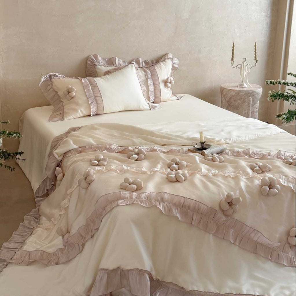 Premium duvet cover set with artistically crafted flowers, pleated ruffle and silky-matt finish