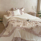 Premium duvet cover set with artistically crafted flowers, pleated ruffle and silky-matt finish