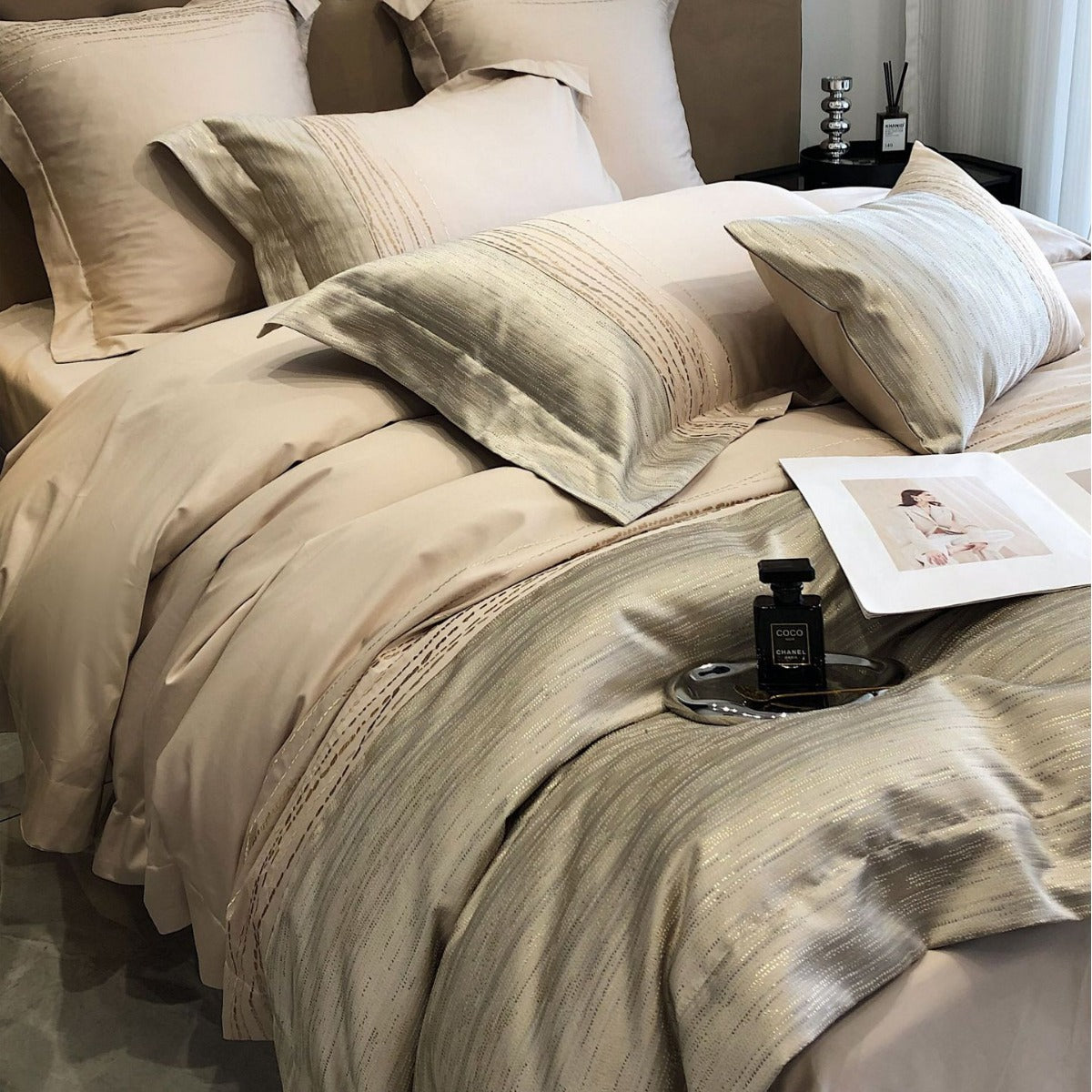 Luxurious satin bedding set with jacquard texture and decorative pillow
