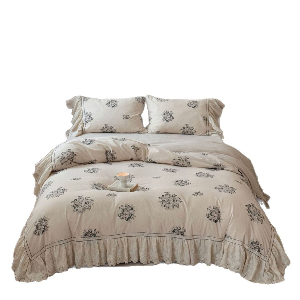 Vintage Roses Bedding Set Made of Cotton-Linen with Ruffle and Lace