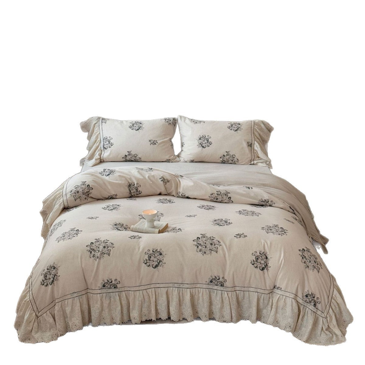 Vintage Roses Bedding Set Made of Cotton-Linen with Ruffle and Lace