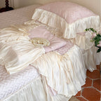 Luxurious Ruffled Bedding Set made of Satin with Duvet and Bedskirt