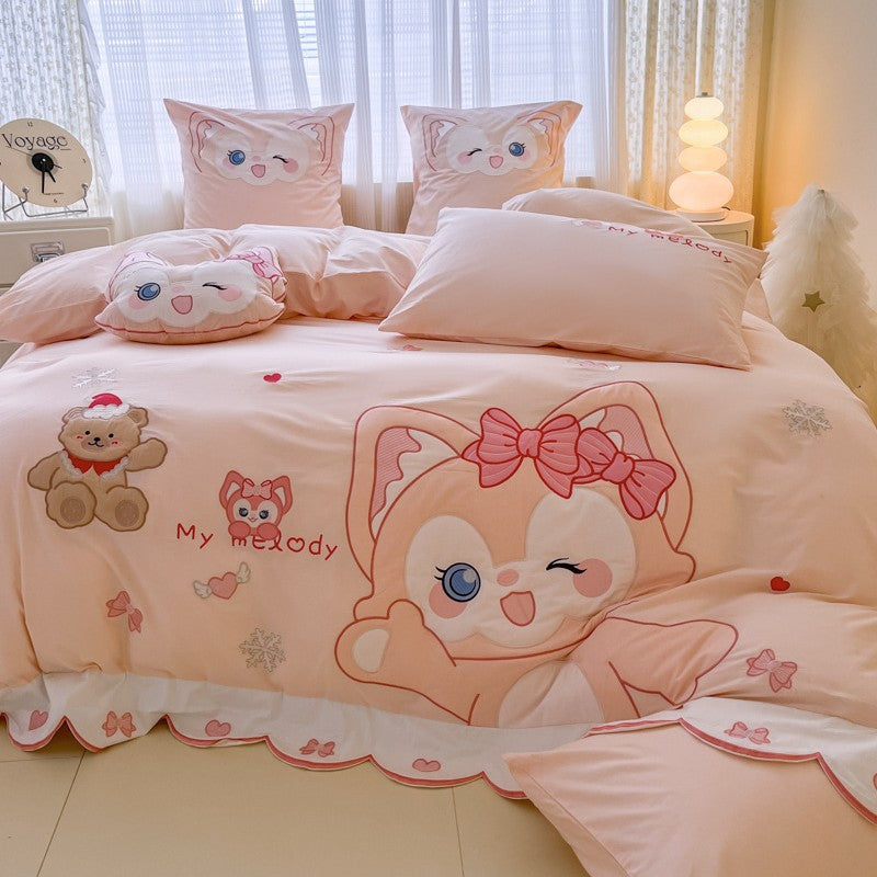 Playful children's bedding set with embroidered cat appliqué and cuddle pillow