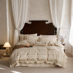 Embroidered Cotton-Linen Bedding Set with Wavy Hem and Floral Border Motif