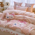 Playful children's bedding set with embroidered cat appliqué and cuddle pillow