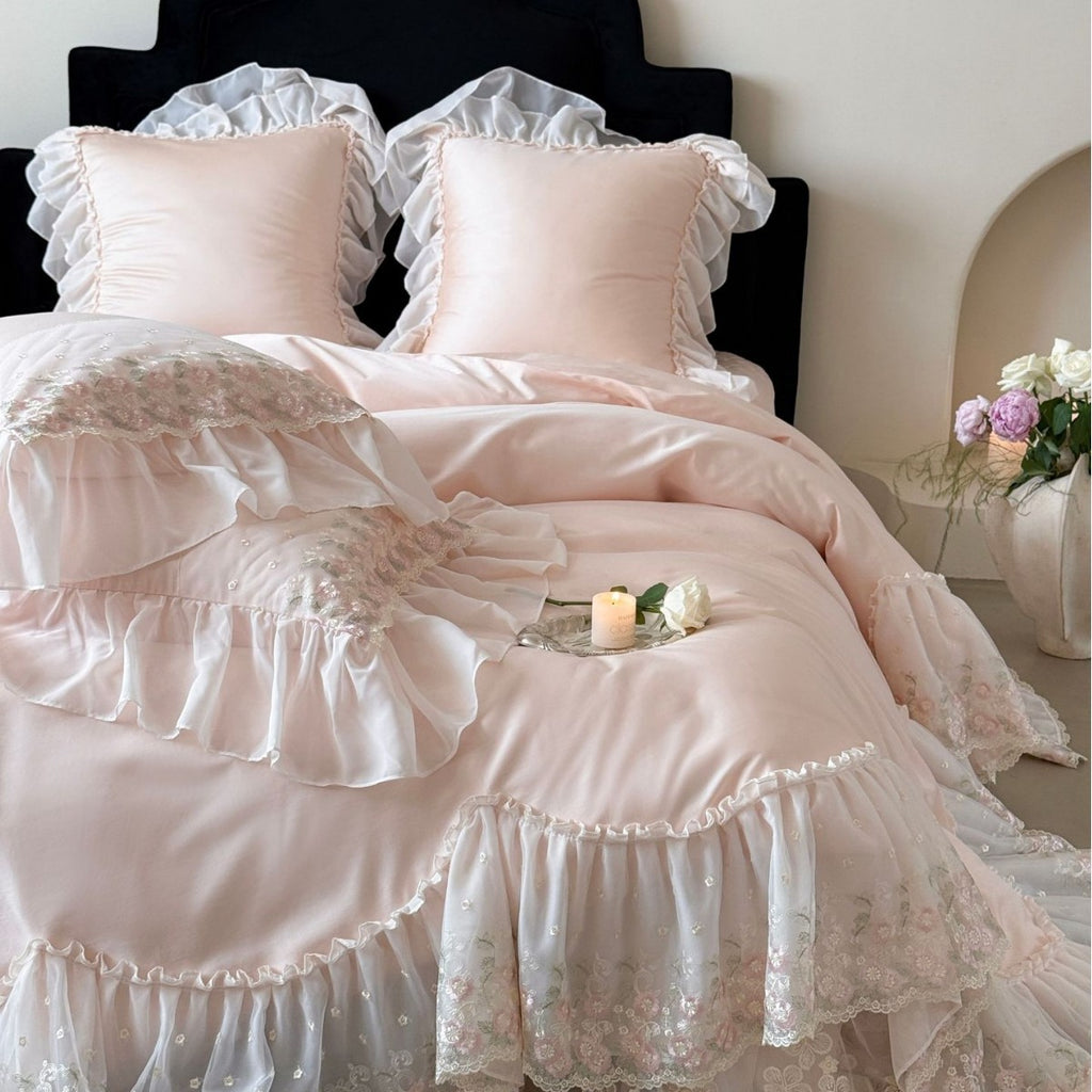 Luxurious romantic bedding set with lace ruffles and embroidered cotton satin