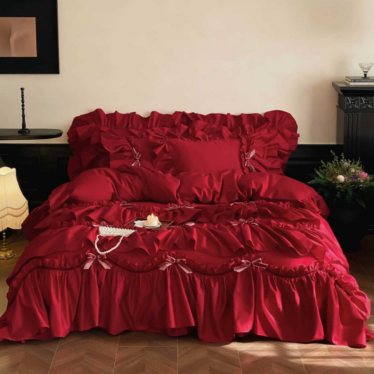 Luxurious Ruffle Satin Bedding Set with Ruffles and Decorative Ribbons