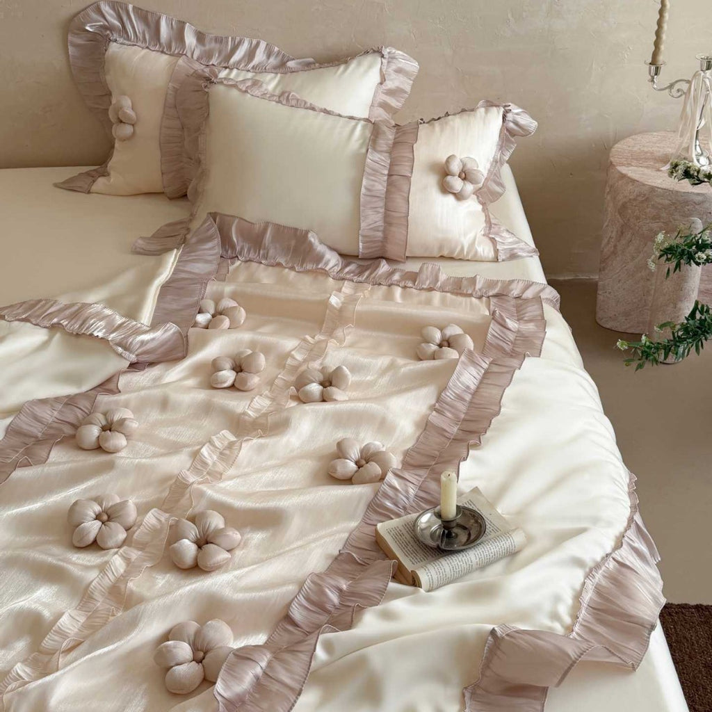Premium duvet cover set with artistically crafted flowers, pleated ruffle and silky-matt finish