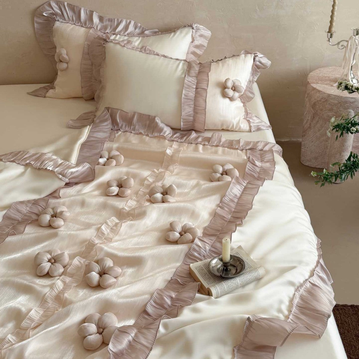 Premium duvet cover set with artistically crafted flowers, pleated ruffle and silky-matt finish