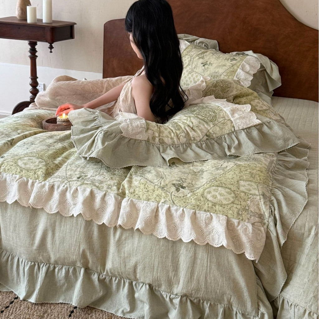 Romantic cotton satin bedding set with floral stripe pattern, ruffle, and decorative pillowcases