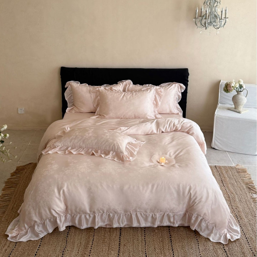 Satin-Duvet cover set with delicate ruffles and tonal jacquard floral relief