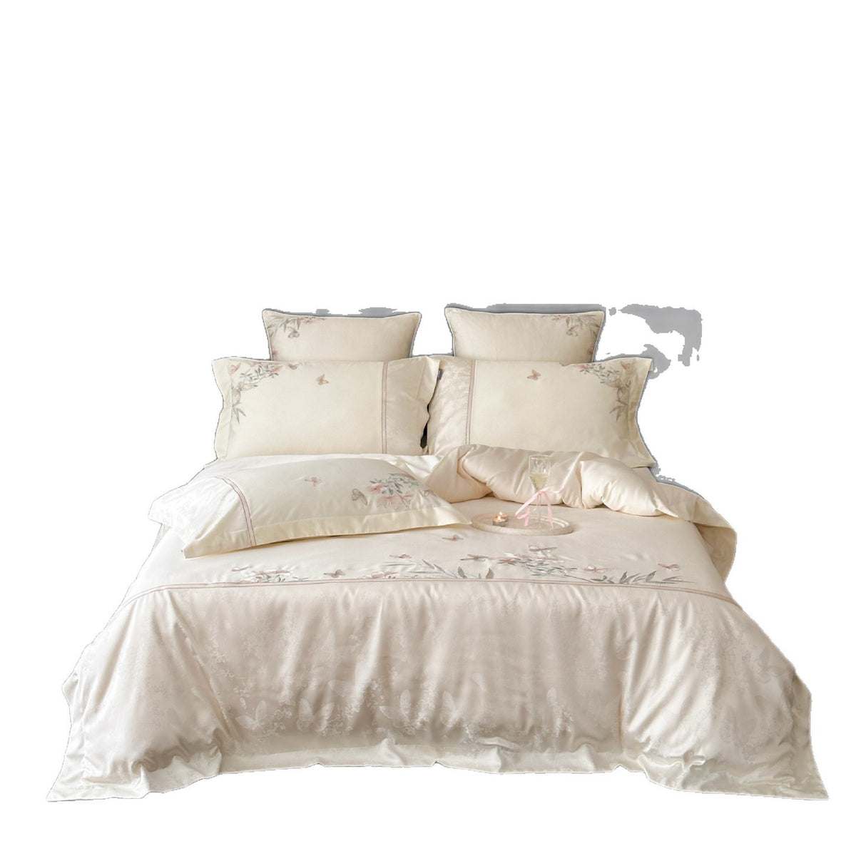 Satin bedding set with delicate flower and butterfly embroidery