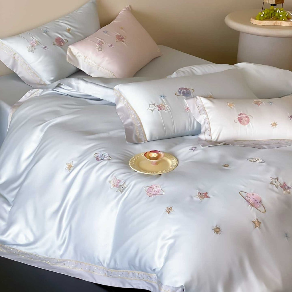 Satin bedding set with embroidered galaxy motif and silky smooth finish