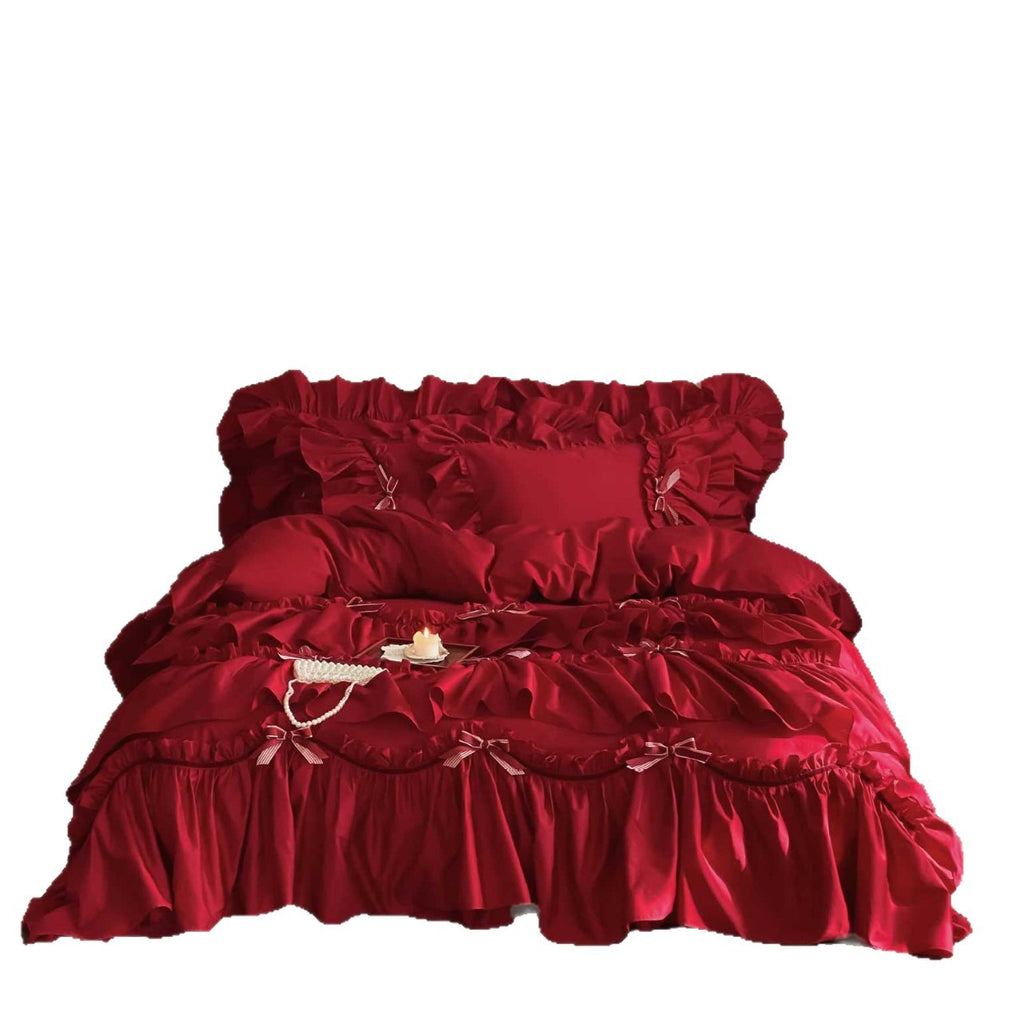 Luxurious Ruffle Satin Bedding Set with Ruffles and Decorative Ribbons