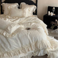 Fine structure crepe duvet cover with layered ruffle and lace trim