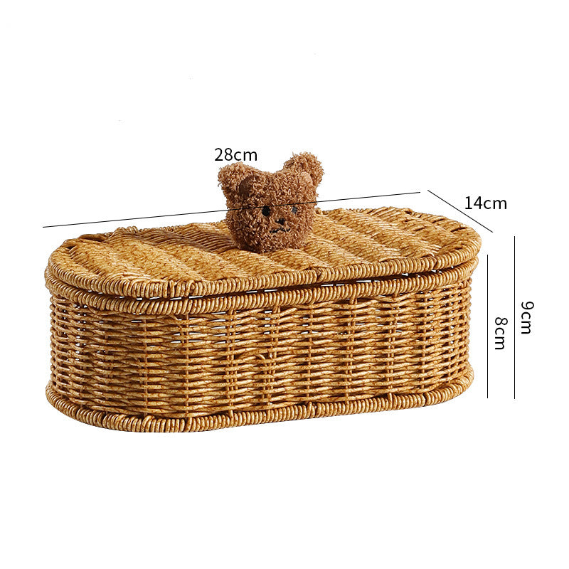 Decorative Woven Storage Box With Cute Bear Lid
