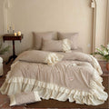 Romantic ruffled bedding set made of cotton-linen with rose embroidery and bed skirt