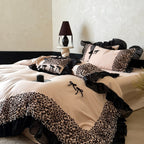 Premium Satin Bed Cover Set with Leopard Accent and Chiffon Ruffle