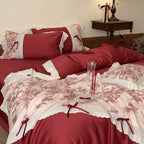 Romantic Cotton Bedding Set with Floral Embroidery, Lace Border and Decorative Ribbons