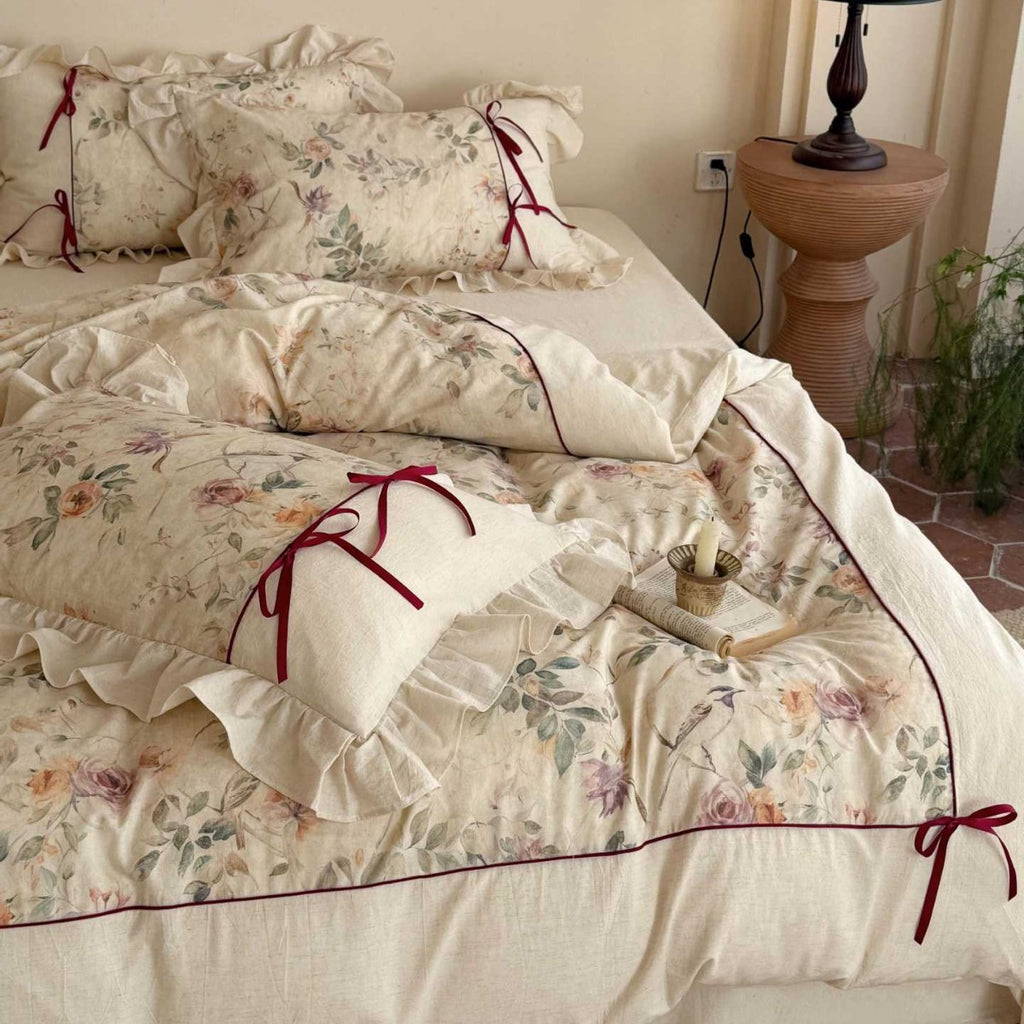 Floral Cotton-Linen Duvet Cover Set with Ruffled Edge, Decorative Piping and Bow Closure