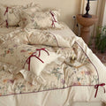 Floral Cotton-Linen Duvet Cover Set with Ruffled Edge, Decorative Piping and Bow Closure