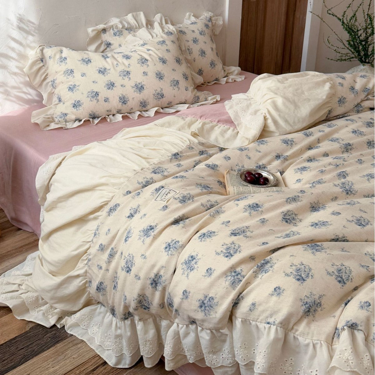 Romantic vintage bedding set with ruffle, floral print, and softly quilted comforter