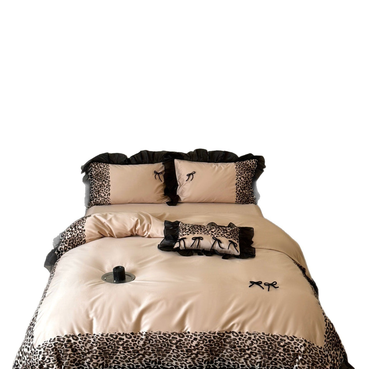 Premium Satin Bed Cover Set with Leopard Accent and Chiffon Ruffle