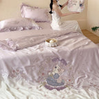 Romantic satin bedding complete set with embroidered bedspread and frill