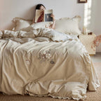 Cotton-Linen Duvet Cover Set with Ruffles and Embroidered Floral Design