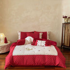 Country house style bedding set with polka dot design, decorative trim and pillowcase set