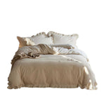 Cotton-Linen Duvet Cover Set with Ruffles and Embroidered Floral Design
