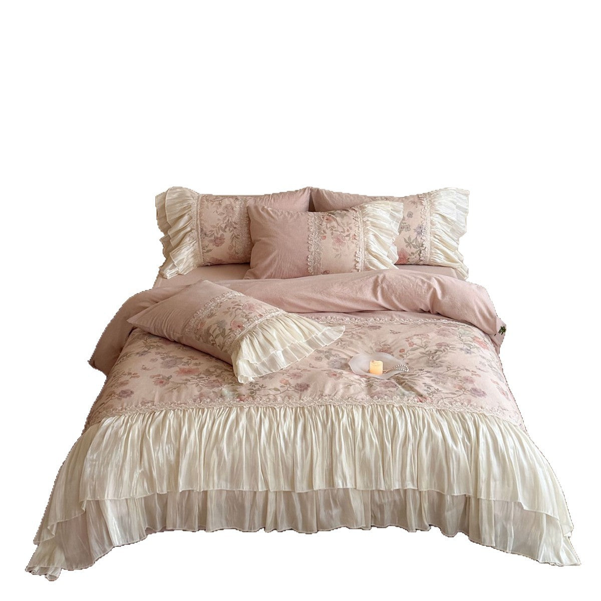 Bedding set with pleated frill, lace border, and floral print