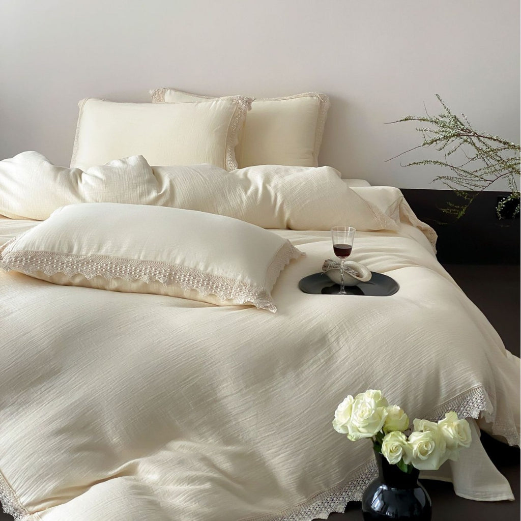 Linen-Cotton Duvet Cover Set with Crochet Lace Edge and Washed Finish