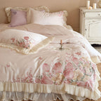 Luxurious embroidered satin bedding set with ruffles and floral details