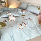 Reversible children's bedding set with cute goose appliqués and silky soft microfiber cover