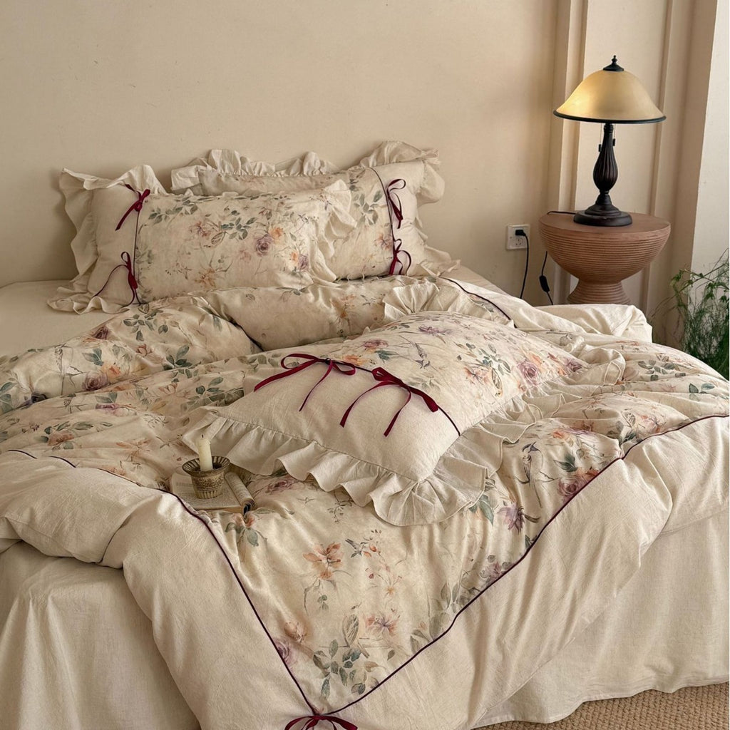 Floral Cotton-Linen Duvet Cover Set with Ruffled Edge, Decorative Piping and Bow Closure