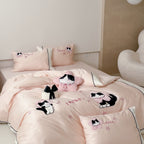 Bedding set with embroidered cat appliqués and soft cotton satin