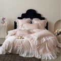 Luxurious romantic bedding set with lace ruffles and embroidered cotton satin