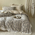 Bedding set made of cotton-linen with floral print and wavy hem