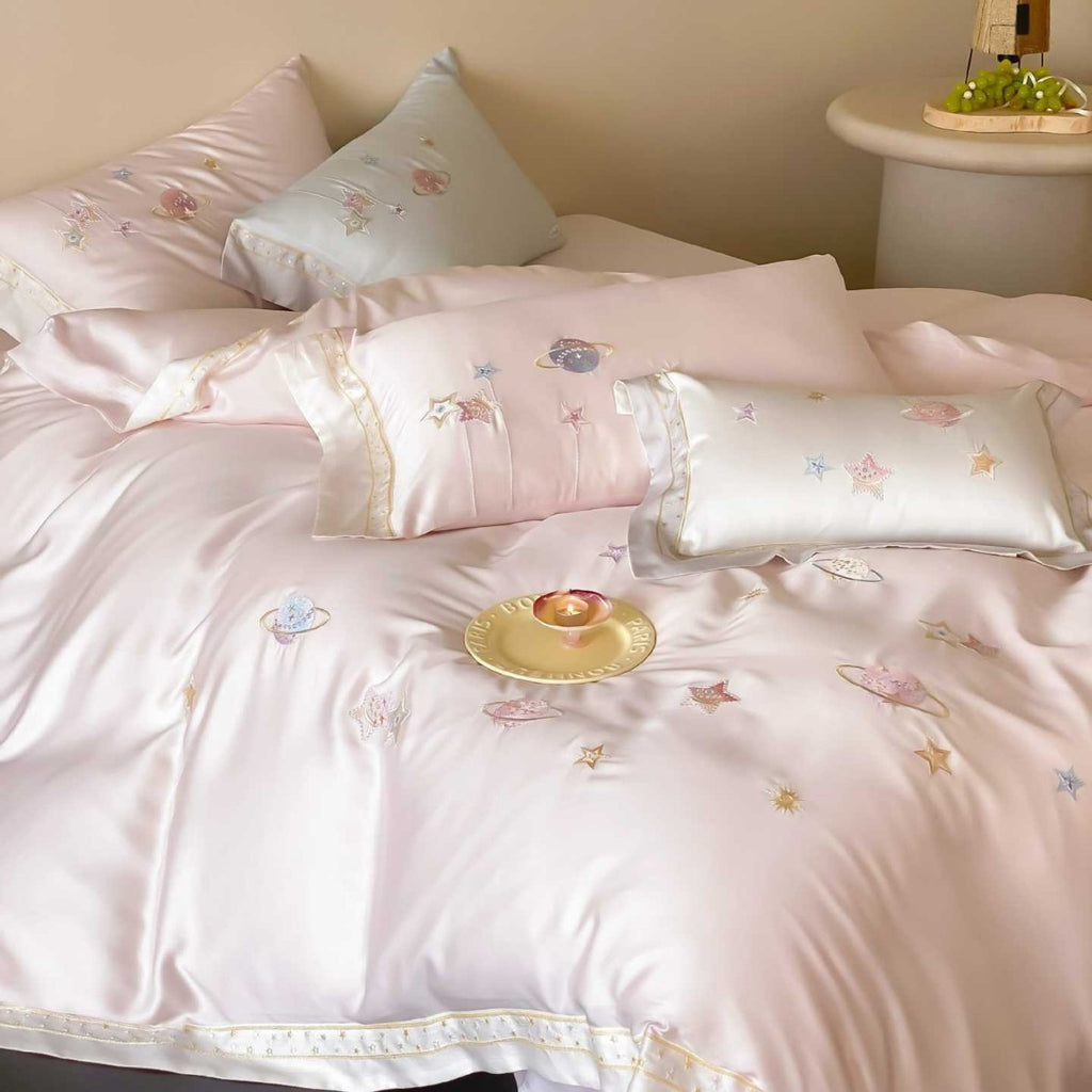 Satin bedding set with embroidered galaxy motif and silky smooth finish