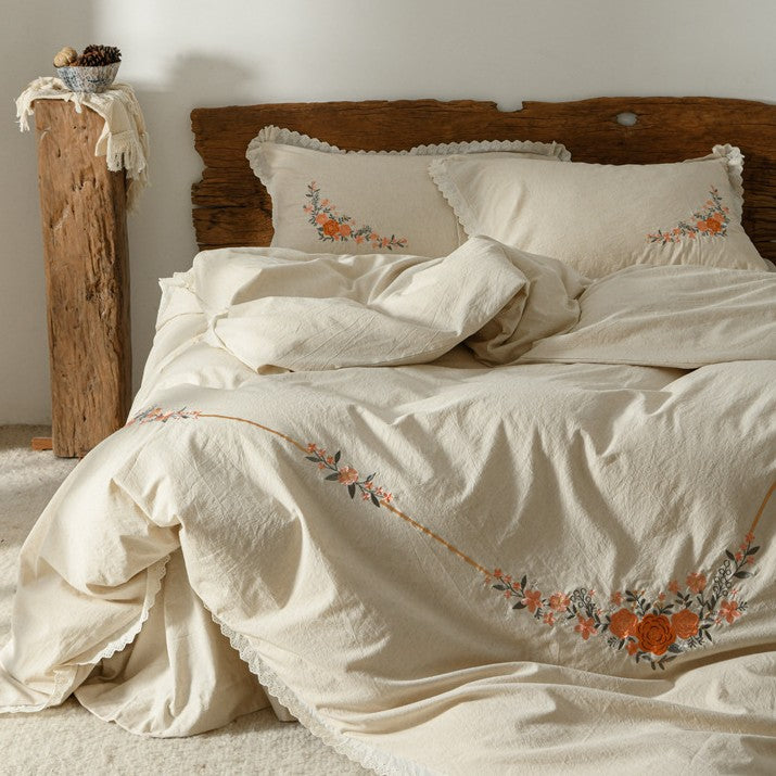Linen-Cotton Duvet Cover Set with Floral Embroidery and Lace Edge