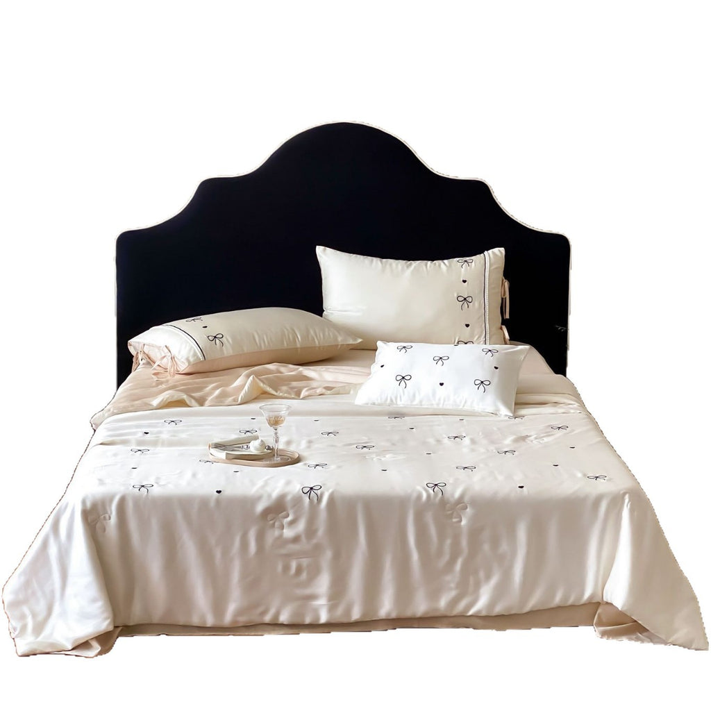 Fine silk look cotton satin bed linen set with delicate ribbon embroidery and ties