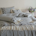 Luxurious cotton-linen bedding set with lace ruffle and floral embroidery