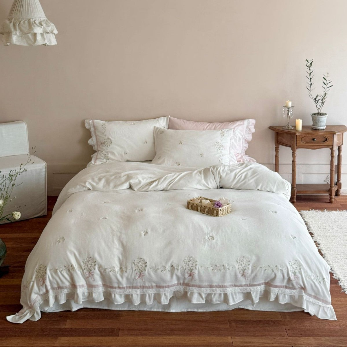 Romantic bedding set with embroidered floral border, ruffled edges and extra soft cotton cover
