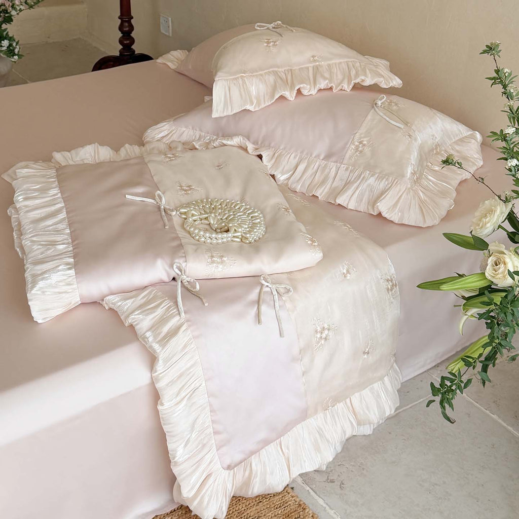 Satin-Duvet Cover Set with silky shiny finish, floral embroidery & ruffled trim