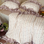 Romantic cotton percale bedding set with ruffled border and fine floral stripe