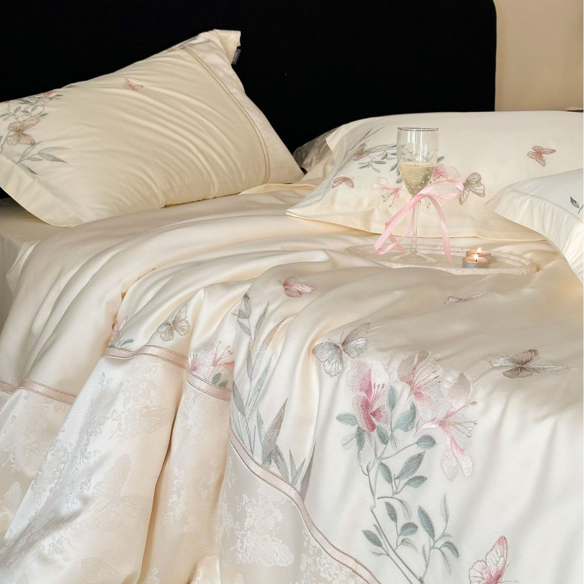 Satin bedding set with delicate flower and butterfly embroidery