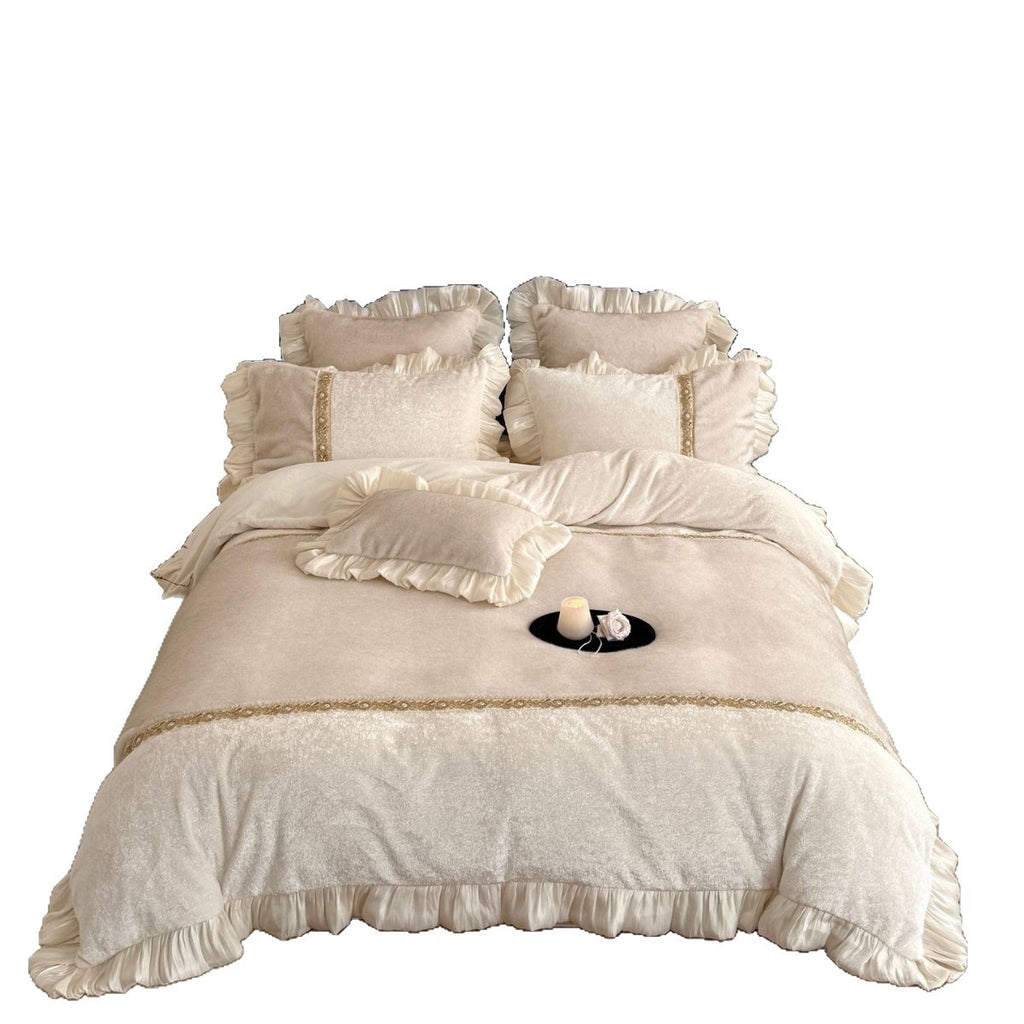 Romantic velvet bedding set with gathered satin frills and decorative ribbon