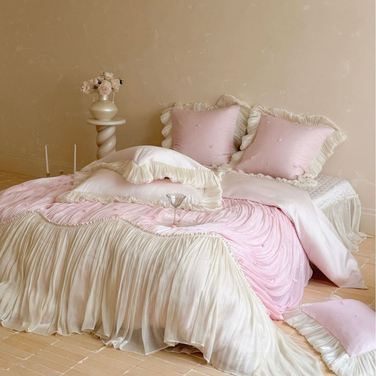 Luxurious romantic bedding set with pleated ruffles and decorative cushion