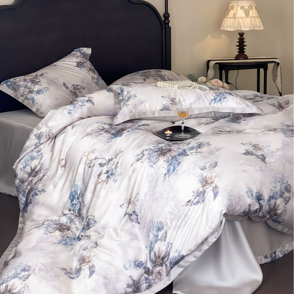 Luxurious satin bedding with floral watercolor print